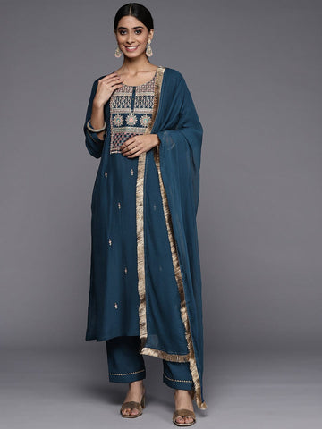 varanga blue embroidered kurta paired with tonal bottom and plain dupatta